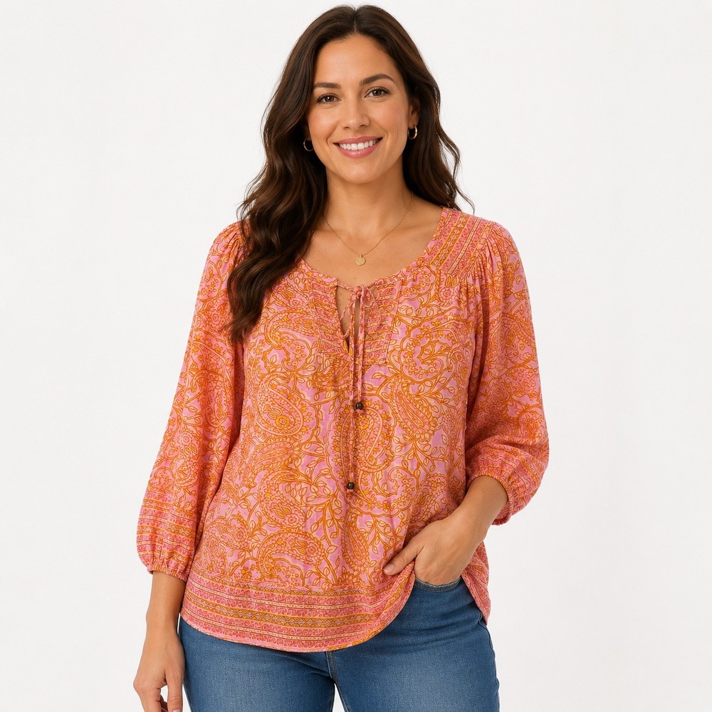 Democracy Pink Orange Paisley 3/4 Sleeve Smocked Hem Peasant Blouse Top Size M